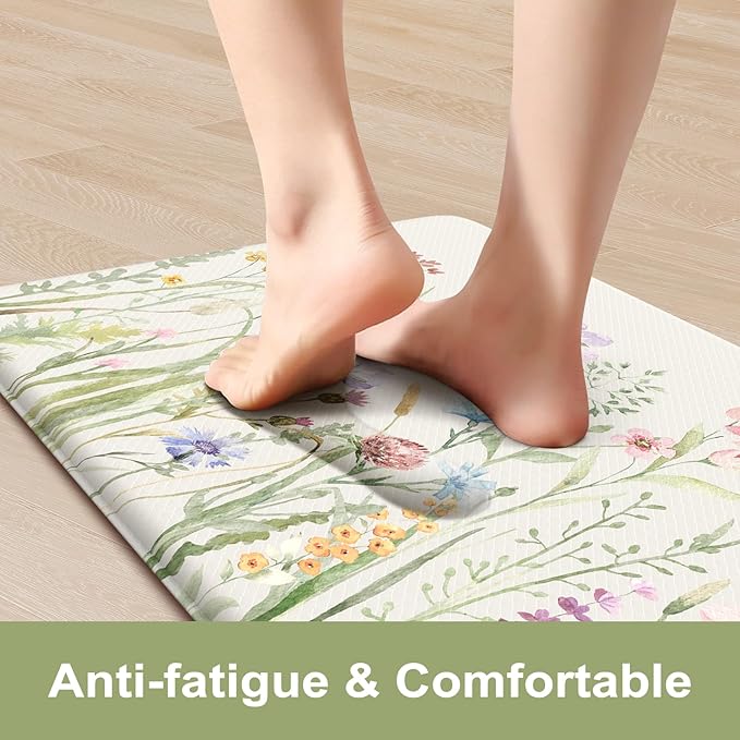 KIMODE Anti Fatigue Kitchen Mat for Floor, Farmhouse Floral Kitchen Rugs Sets of 2, Kitchen Floor Mats Non-Slip, Cushioned Standing Mat for Sink, Laundry, Desk, Home White 17"x47"+17"x29"