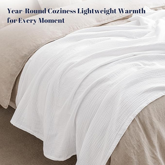 PHF 100% Cotton Muslin Blanket King Size 108"x90", 4-Layer Lightweight Gauze Throw, Breathable Cloud-Soft Minimalist Blanket for Bed, Couch, Camping & Baby, White, Ideal Gift