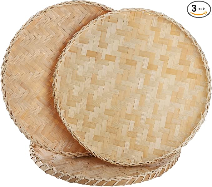 Suwimut 3 Pieces Handmade Bamboo Woven Basket Tray, 13 Inch Round Flat Wicker Baskets, Shallow Food Storage Serving Trays Decorative Wall Hanging Baskets for Breakfast, Fruit, Snacks (Beige)