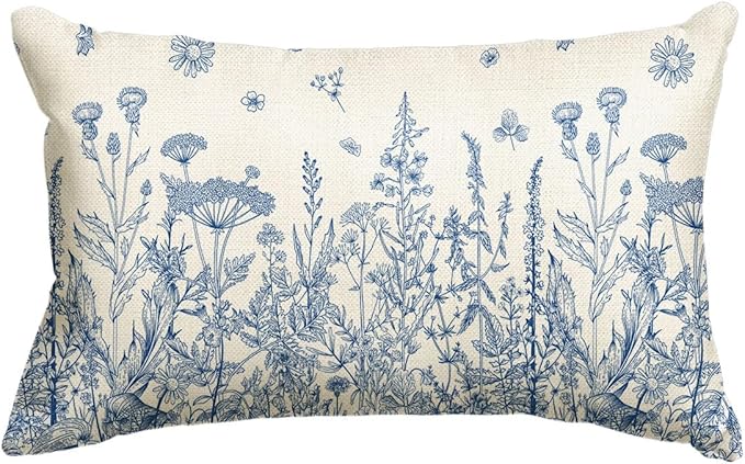 AVOIN colorlife Wildflowers Spring Summer Antique Herbs Blue Throw Pillow Cover, 12 x 20 Inch Flower Cushion Case Decoration for Sofa Couch