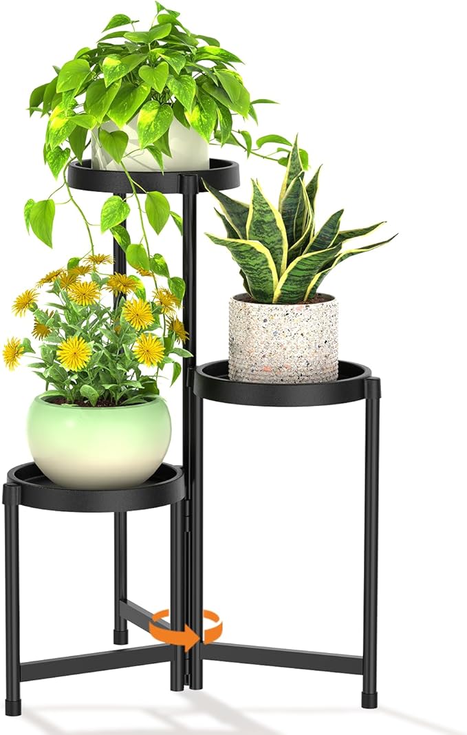LASZOLA 3 Tiered Plant Stand Indoor Outdoor with Plastic Tray, Corner Folding Tall Flower Display Rack, Modern Plant Holder Shelf for Outdoor Patio Porch Garden Office Living Room, Black