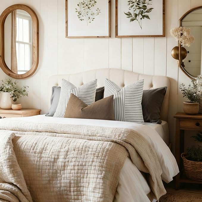 YCOLL Farmhouse Pillow Covers 24x24, Modern Accent Square Throw Pillow Covers Set of 2, Black and Beige Striped Patchwork Linen Decorative Pillows Cushion Covers for Couch Chair Bedroom Home Decor