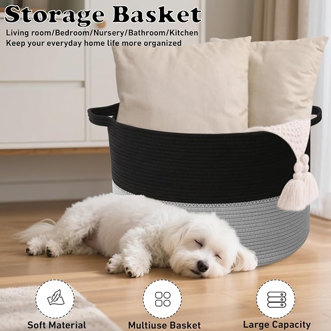 65L Large Blanket Basket,19.7"L x 19.7"W x 13"H Rope Woven Baskets with Handles, Toys Storage Bins,Laundry Basket Perfect for Living Room, Nursery,Bedroom,Home Organization,Black&Light Grey