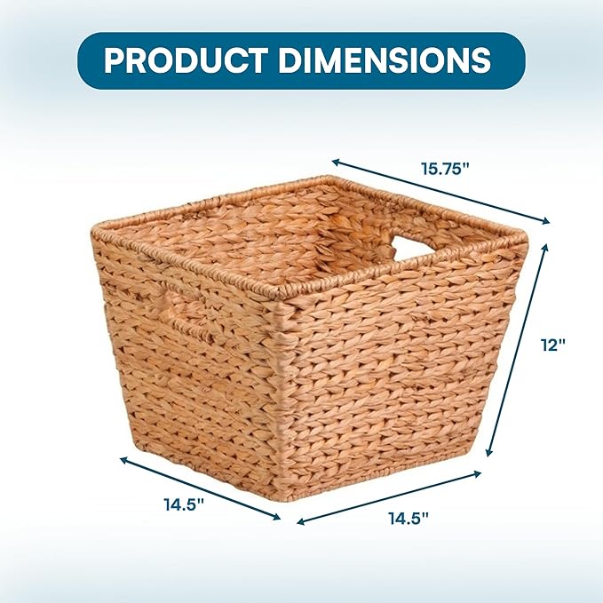 Honey-Can-Do Water Hyacinth Storage Baskets - Durable Wicker Basket with Handle for Organizing Home Essentials, Ideal for Pantry Organizers and Storage & Blanket Basket, Large, 15"x15"x12", Natural