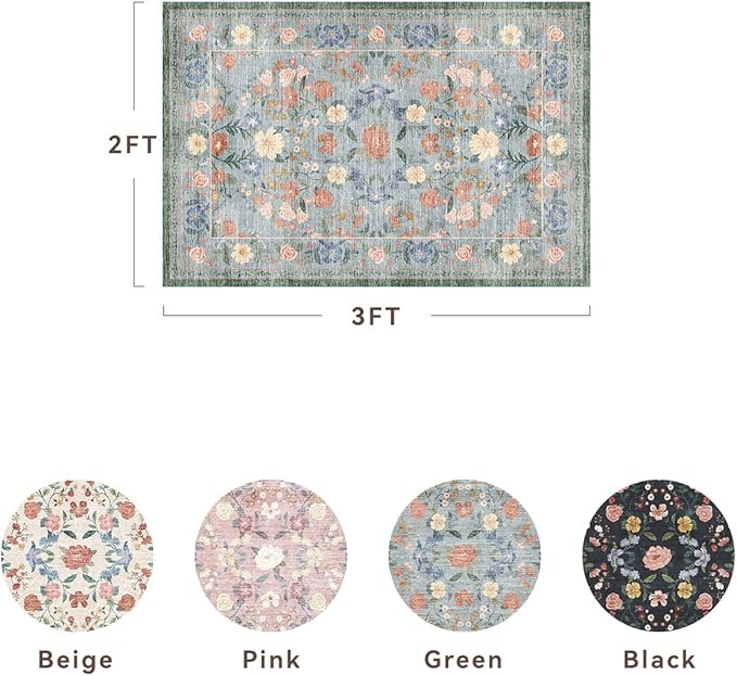 AMOAMI Front Door Mat Indoor Entrance, 2x3 Machine Washable Floral Rugs for Entryway Rug Non Slip Ultra-Thin Soft Boho Small Area Rug Low Pile Throw Rugs for Entrance Kitchen Bathroom, Green