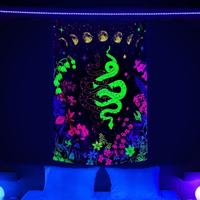 VEIGIKE Blacklight Witchy Snake Tapestry UV Reactive, Cool Trippy Hippie Black Light Art Poster For Men Boys Room Bedroom, Glow In The Dark Blanket Party Decor