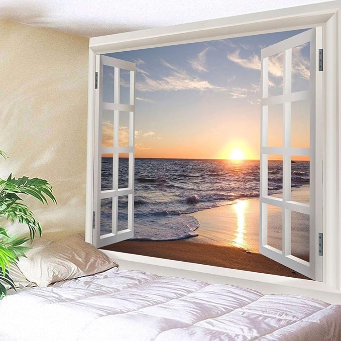 Homiest 3D Ocean Tapestry Wall Hanging Sun Sunset Sea Beach Landscape Tapestry Window Tapestries for Bedroom Living Room Home Decor 84x90 Inches