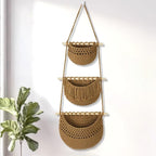 Boho Style Handwoven Rope Hanging Basket - 3-Tier Detachable Storage Organizer for Kitchen/Bathroom/Entryway, 3 Included Heavy-Duty Hooks, 7 Color Options Available (Brown)