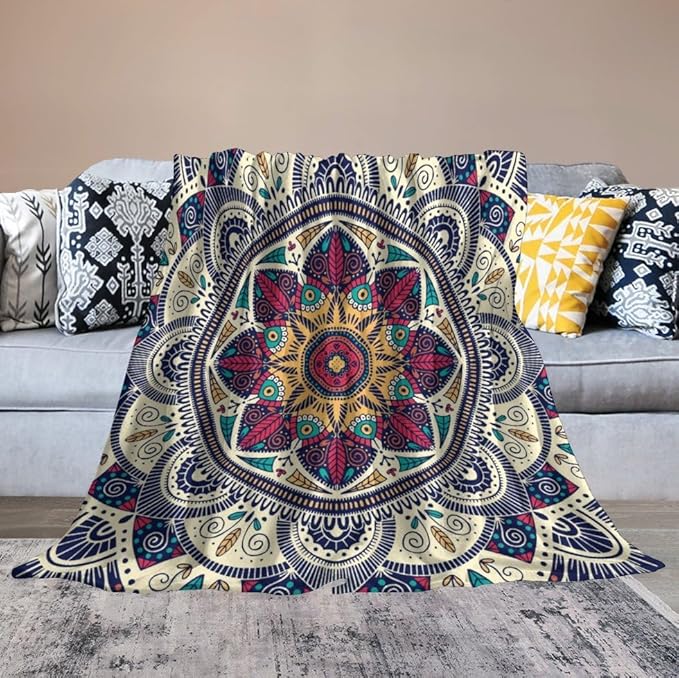 Abstract Mandala Throw Blanket Indian Hippie Bohemian Art Floral Texture Pattern Blanket for Sofa Bed Couch Chair Or Dorm 50"x60"