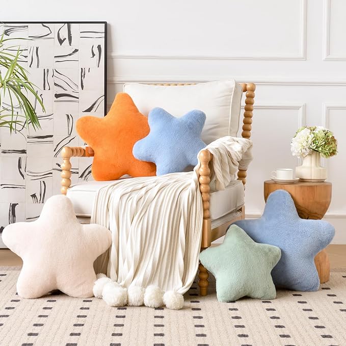 Xiashrk Star Pillow, Decorative Throw Pillows for Bed Couch, 15" Star Shaped Pillow Plush Floor Cushions Room Decor Pillow with Faux Rabbit Fur for Sofa Bedroom Living Room (Beige, 19.6" x 19.6")