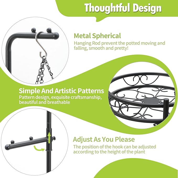 Adjustable Metal 4 Potted Flower Pot Plant Stands - 2 Tier 72 inch Tall Indoor Outdoor Heavy Duty Plant Shelf with Hangers - Perfect for Living Room Corner and Patio (White)
