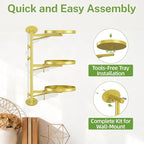 iDavosic.ly Rotating Window Plant Shelves, 3-Tier Metal Wall Stand with 2 Hooks, Flower Display Holder Rack for Living Room, Space Saving, Gold (Pots/Chains/Plants Not Included)