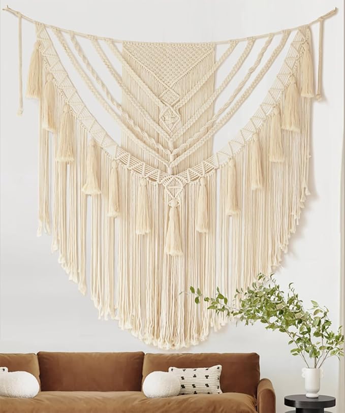 Jakalin Large Macrame Wall Hanging Handmade Art Home Decor 47" Wx 55" L Boho Wall Decor Wedding Bedroom Living Room Handmade Yarn Wall Art