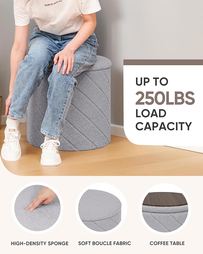 B FSOBEIIALEO Ottoman with Stroage, Boucle Round Storage Ottoman with Tray,Foot Rest Stool for Dorm Room, Living Room Grey, 16.93"x16.93"x17.72"