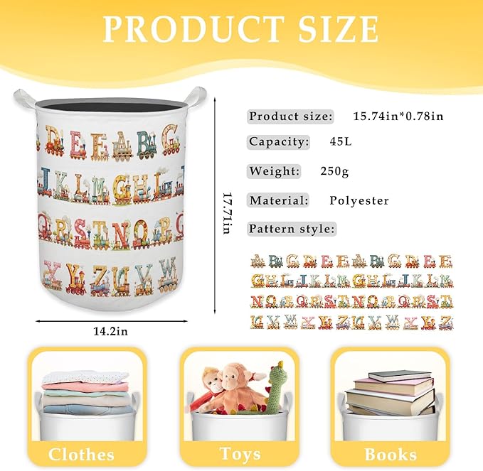 Kids Nursery Laundry Basket, Toybox for Girls Boys, Alphabets Trains Transportation Laundry Basket Hamper Waterproof Collapsible Storage Bin Organizer for Bedroom Bathroom Kids Room Clothes Toys