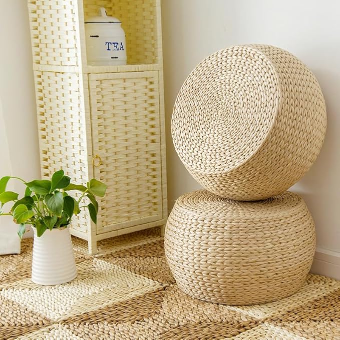 Natural Straw Round Pouf Ottoman, Handwoven Boho Footstool with Wood Frame for Living Room Bedroom Patio Garden (12.2"x12.2"x8.7")