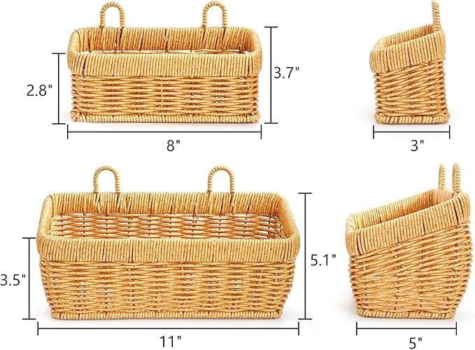 ZEAYEA Set of 2 Cute Small Wall Hanging Basket, Hand-Woven Hanging Organizer Basket for Onion Garlic, Boho Plastic Fruit Storage Baskets with Hanger for Kitchen Bathroom Laundry Living Room Home Decor