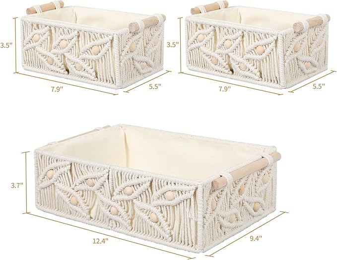 ANMINY 3PCS Macrame Storage Baskets for Organizing Boho Decor Baskets Storage Bins with Wood Handles Handmade Decorative Storage Boxes Desk Toilet Tank Bathroom Self Basket Organizer - Leaves w/Beads