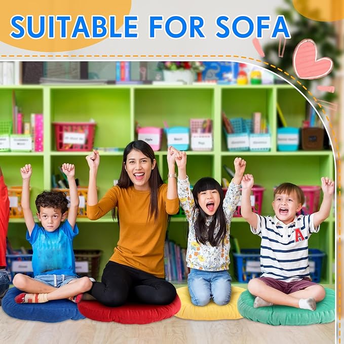 Jerify Floor Pillow Cushions Large Round Square Large Meditation Floor Pillow for Classroom Adult Meditation Picnic Party Seating Learning Daycare School(Round,Colorful,4 Pcs)