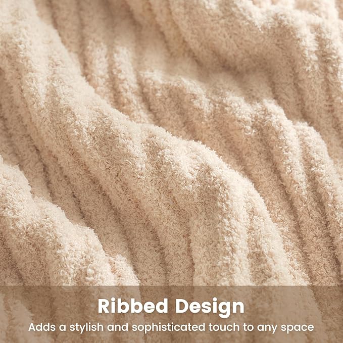 Snuggle Sac Luxury King Size Blanket for Bed, Cozy Soft Fuzzy Microfiber Knit Stripe Bedding Blankets, Beige, 108x90 inches