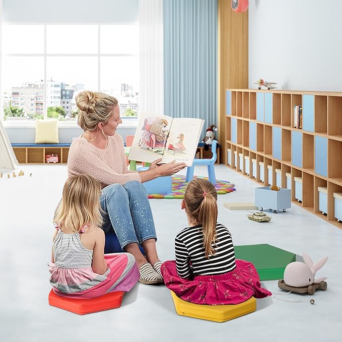 Costzon 6-Piece 15 inch Kids Floor Cushion, 2" Thick Waterproof Daycare Preschool Hexagon Foam Cushion with Handle for Toddlers, Soft Flexible Seating for Classroom, Home, Kindergarten or Nursery