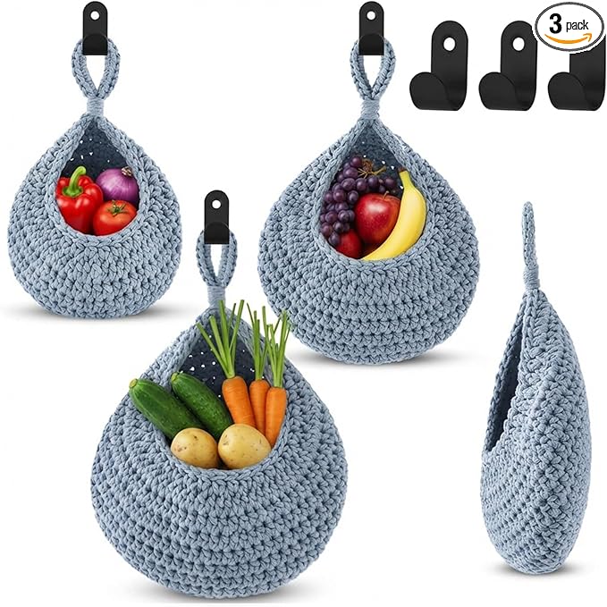 Honeydak Boho Decor Hanging Wall Baskets for Kitchen 3 Pack Teardrop Baskets with Hooks Storage Fruit Onion Vegetable Potato for Home 3 Sizes(Light Blue,Teardrop,Cotton Rope)