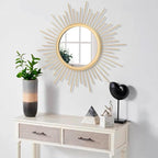 Large Gold Spoked Sunburst Wall Mirror Boho Home Decor Round Wall Art Mirror Modern Metal Mirrors for Wall Living Room Vanity Bathroom Bedroom Hallway Balcony Entryway 20"