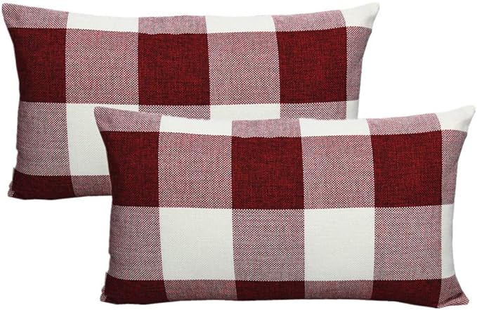 VAKADO 12x20 Inch Pack of 2 Farmhouse Retro Check Plaids Lumbar Throw Pillow Covers Christmas Decorative Rectangle Cushion Cases for Sofa Couch Car, Red White