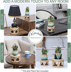 Set of 2 Small Boho Rattan Wicker Round Riser Plant Stand Indoor,Rustic Farmhouse Natural Wooden Circle Pedestal for Decor & Display, Tabletop, Office Decor