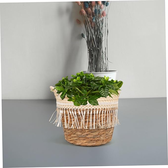 Toyvian Rustic Woven Planter Basket with Liner and Tassel Handcrafted Grass Rope Flower Pot Holder for Indoor Plants Boho Decorative Farmhouse Storage and Flower Arrangement Container