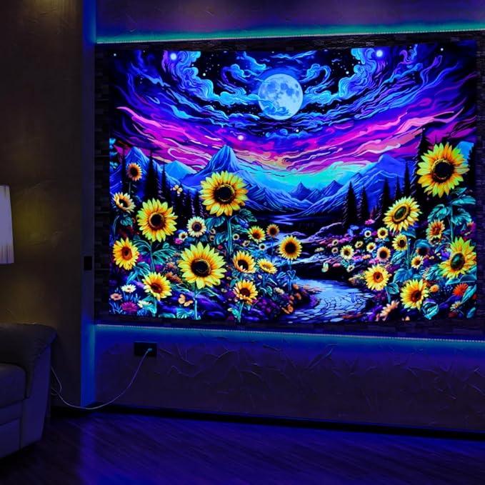 Dermijer Blacklight Moon Sunflower Tapestry Starry Night Mountian UV Reactive Wall Hanging Tapestries Galaxy Space Nature Landscape Tapestry for Home Decor 90.2L x 70.8W