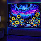Dermijer Blacklight Moon Sunflower Tapestry Starry Night Mountian UV Reactive Wall Hanging Tapestries Galaxy Space Nature Landscape Tapestry for Home Decor 78.7L x 59.1W