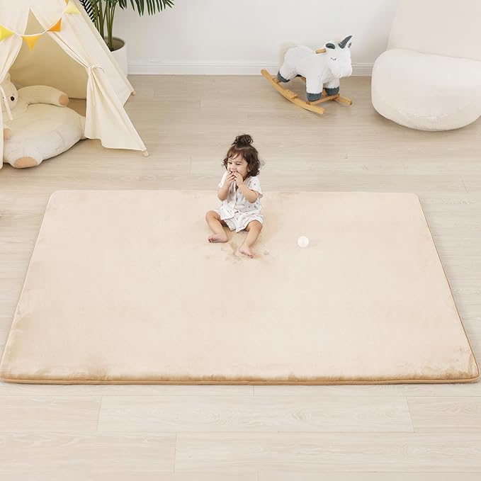 1.3" Thick Baby Floor Play Mat 59x79, Basic Padded Foam Mat for Tummy Time Crawling, Non Slip Cushioned for Babies Toddlers Infants Kids (Beige)