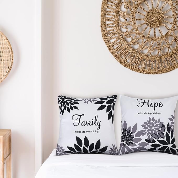Tatuo 4 Pcs Flower Pillow Covers Square Spring Pillow Cushion Cases 18 x 18 Inch Family Faith Hope Love Words Decorative Summer Winter Cushion Case for Bed Couch Sofa Living Room(Black Series)