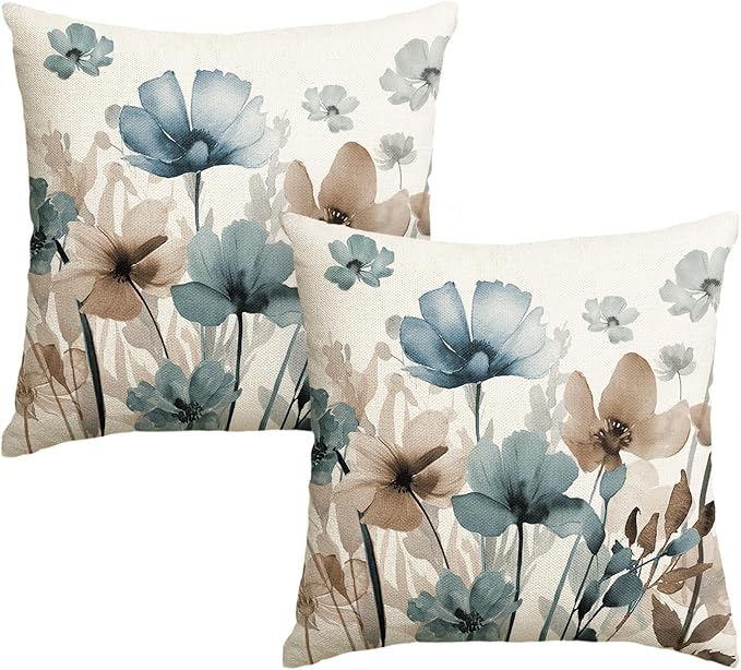 AVOIN colorlife Poppy Flowers Chinoiserie Throw Pillow Covers, 18 x 18 Inch Blue Brown Seasonal Leaves Cushion Case Decoration for Sofa Couch Set of 2