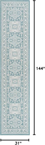 Rugs.com Outdoor Aztec Collection Rug – 12 Ft Runner Aqua Flatweave Rug Perfect for Hallways, Entryways