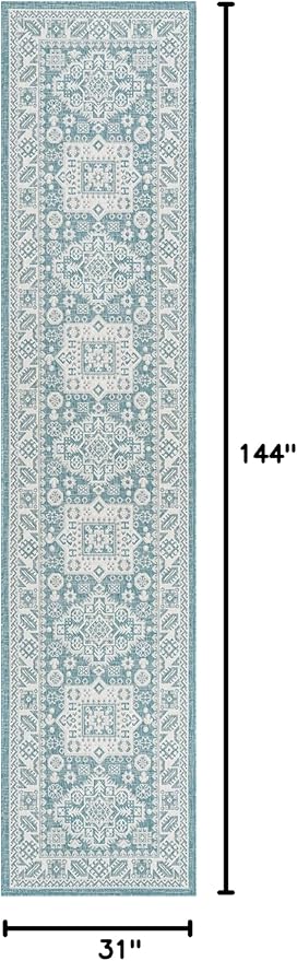 Rugs.com Outdoor Aztec Collection Rug – 12 Ft Runner Aqua Flatweave Rug Perfect for Hallways, Entryways