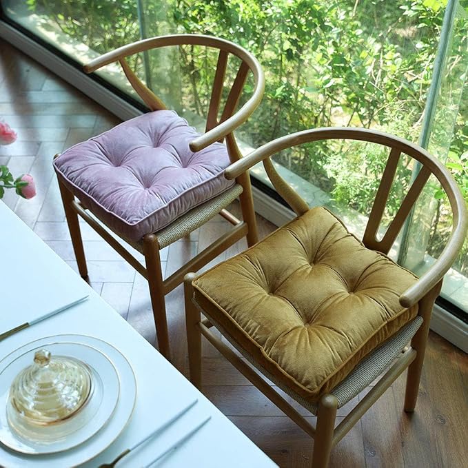 vctops Soft Velvet Chair Pads with Ties Comfy Solid Seat Cushion for Dining Chairs, Office Chairs, Hardwood Floors (Gold Yellow, 16"x16")