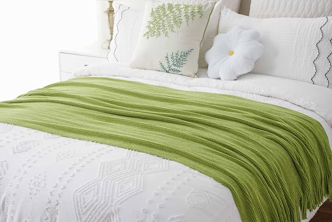 BATTILO HOME Apple Green Throw Blanket for Couch, Soft Chenille Knit Throws with Tassels for Home Decor, Spring Green Throws for Couch Cover, 50"x60"