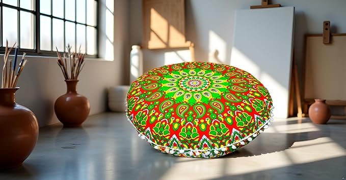 CRAFT KALA 22" Round Mandala Comfort Meditation Floor Pillow Cover, Large Pillows Seating Cover for Adults, Cushions Cover for Outdoor Yoga Fireplace Living Room Ottoman Cover Green Red Flower