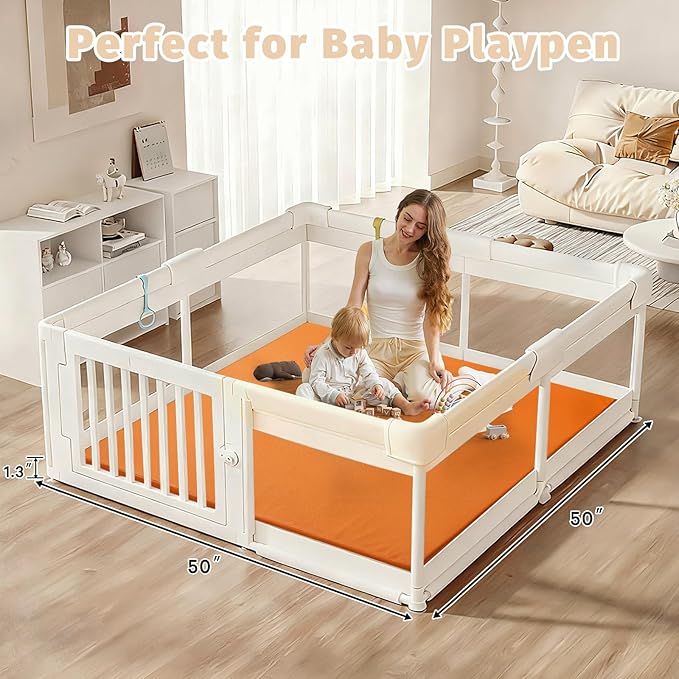 Waterproof Baby Play Mat for Floor Memory Foam 50 * 50 Cushion Playpen Playmat Tummy Time Crawling Mat Nursery Rug Thick Pad Create Soft & Safe Area for Infants,Toddler,Kid,Orange