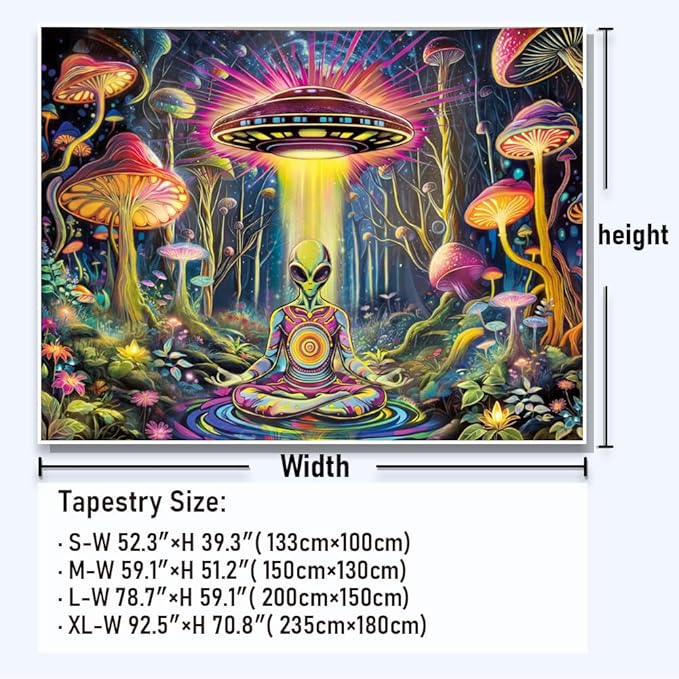 Amonercvita Blacklight Alien UFO Tapestry Neon Mushroom Floral Tapestries UV Reactive Yoga Meditation Tapestry Fantasy Forest Tapestries Wall Hanging Backdrop for Home Decor