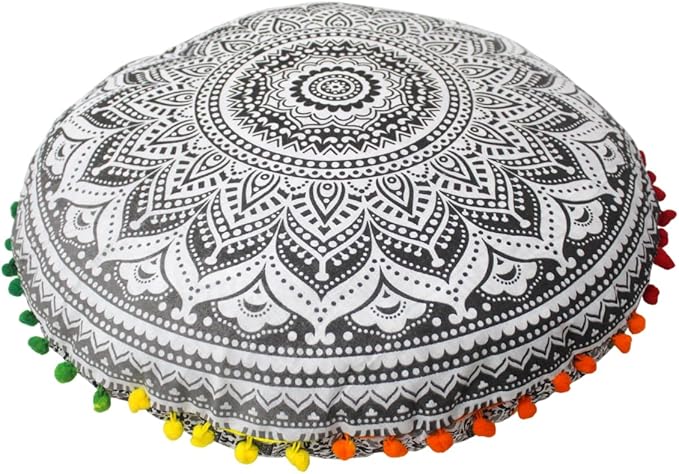 CRAFT KALA Boho Large Floor Pillow Pouf Cover Mandala Meditation Room Pillow Cover for Adults Round Bohemian Seating Pouf Cushion Cover for Kids Playroom 22" Grey Ombre