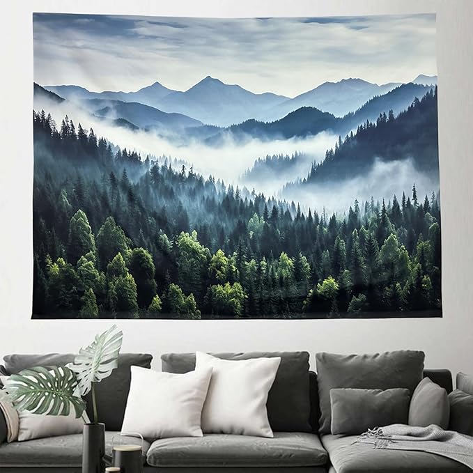 TUGCAY Misty Mountain Forest Tapestry Foggy Tree Tapestry Nature Scenery Landscape Wall Tapestries Aesthetic for Bedroom Living Room Dorm Office Decor 60 x 40 Inches