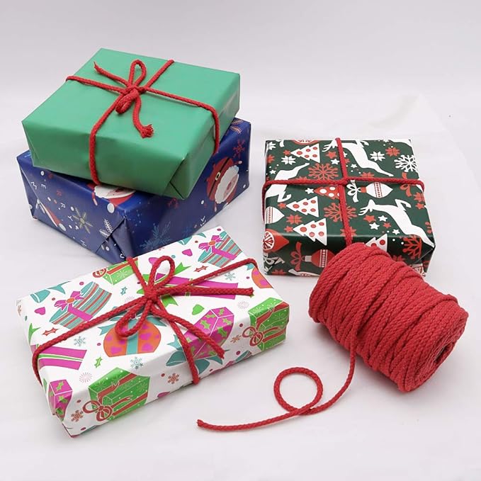 Tenn Well Braided Cotton Cord, 165 Feet 5mm Wide Cotton Macrame Rope for Plant Hangers Wall Hangings DIY Crafts (Red)