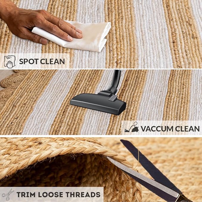 HOMEMONDE Scalloped Jute Area Rug 8'x10' Natural Stripe - Boho Home Décor Farmhouse Style Eco-Friendly Fiber Rug Hand Braided Rustic Vintage for Living Room, Bedroom, Dining Room, Hallway, Kitchen
