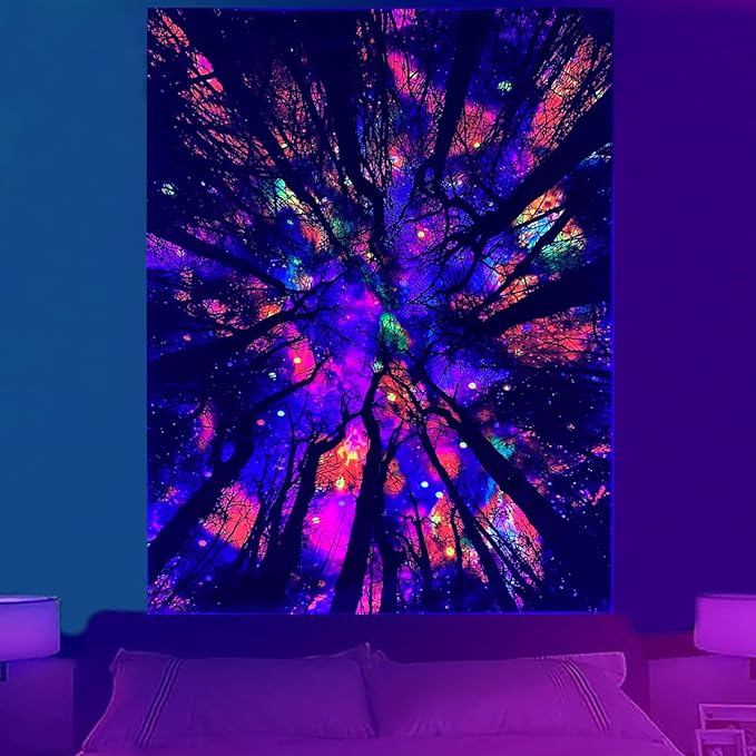 Blacklight Galaxy Forest Silhouette Tapestry for Bedroom Night Sky Ceiling Tapestry for Bedroom Decor Dark Forest Stars Tapestries Glow in the Dark Starry Night Tapestries UV Reactive Dorm Decor 36x48