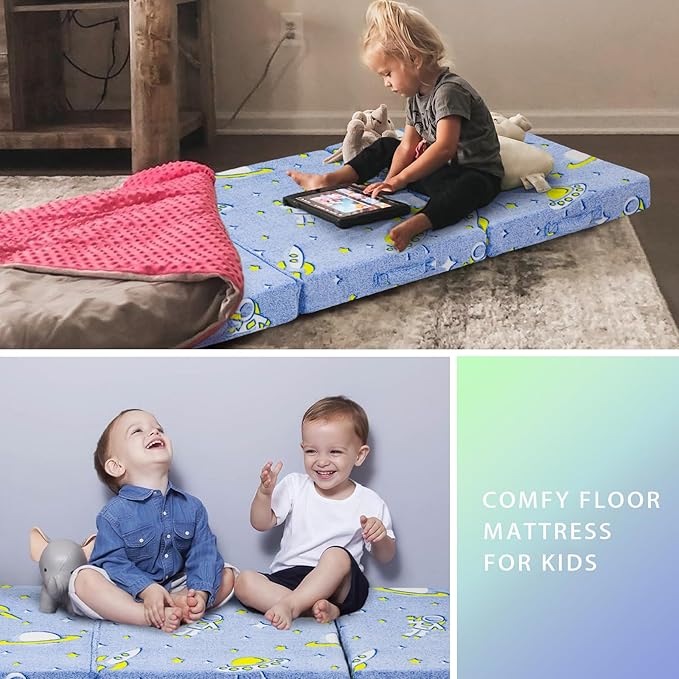 MeMoreCool Foldable Floor Mattress for Kids, Glow Space Trifold Mat, Kids Folding Mattress Portable Futon, 57x22 Inch Blue