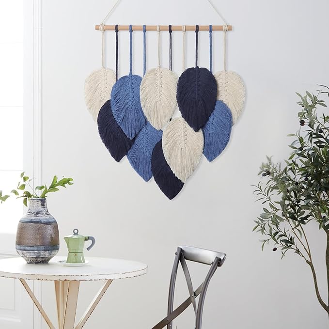 Weldomcor Macrame Wall Hanging Leaves Chic Woven Leaf Tassels Decoration Cotton Ornaments Tapestry Room Decor Modern Bohemian Handmade Feather Wall Art Decorations for Apartment Backdrop (Navy Blue)