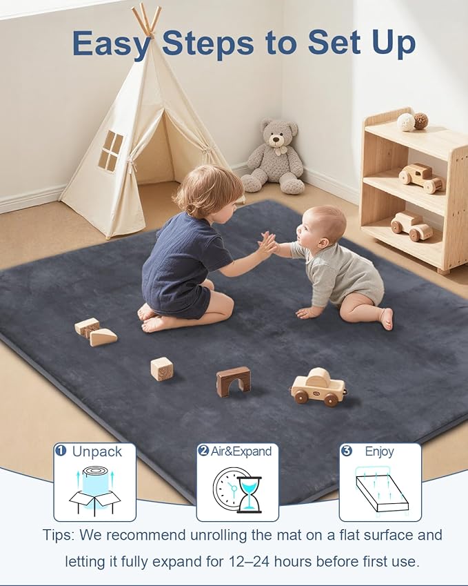 Thick Baby Play Mat for Floor,59 x 71 Playpen Mat,Large Tummy Time Foam Mats,Soft Support & Plush Feel Nursery Rug,Easy Care with Non-Slip Cushioned for Infant,Kids and Toddler Crawling,Dark Grey